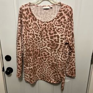 Belle by Kim Gravel Pink and Brown Animal Print Long Sleeve Top Side tied